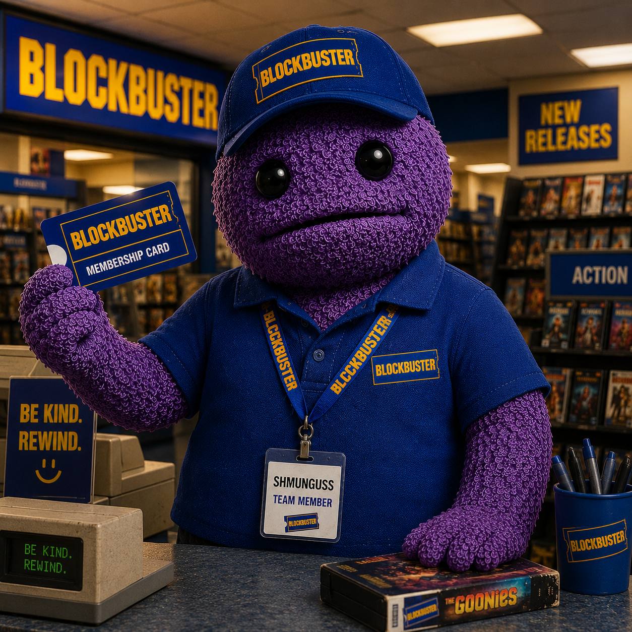 Schmunguss holding a video store membership card