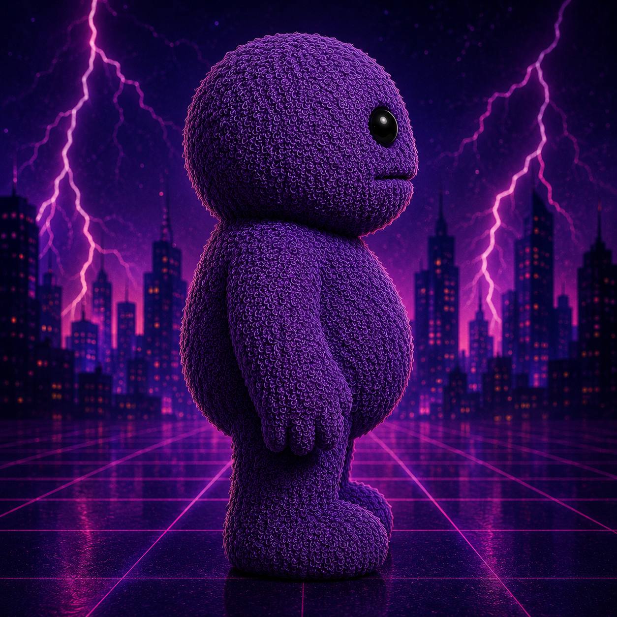 Schmunguss standing before a neon city